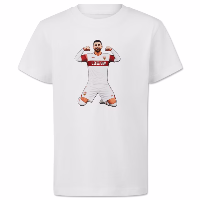 weißes T-Shirt mit Undav in Jubelpose