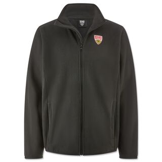 schwarze Fleecejacke mit Reißverschluss und Seitentaschen und VfB Wappen auf der Brust