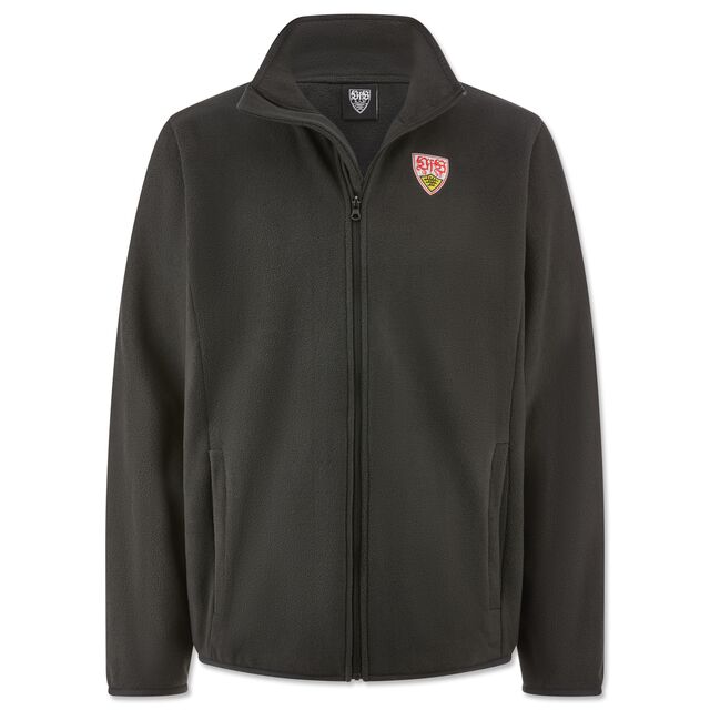 schwarze Fleecejacke mit Reißverschluss und Seitentaschen und VfB Wappen auf der Brust