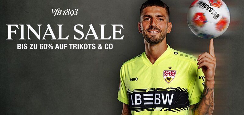 Fabian Bredlow trägt das Torwarttrikot neongelb. Bewerbung  des Final Sale mit bis zu 60% auf Trikots und Co 