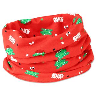 rotes Tuch als Schal zusammengerollt mit vielen kleinen Abbildungen von Fritzle, Sternen und dem VfB Logo