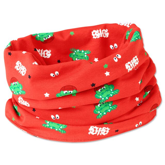 rotes Tuch als Schal zusammengerollt mit vielen kleinen Abbildungen von Fritzle, Sternen und dem VfB Logo