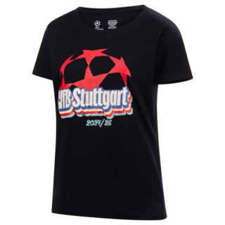 schwarzes T-Shirt mit Damenschnitt mit Champions League Ball und der Aufschrift VfB Stuttgart 2024/25