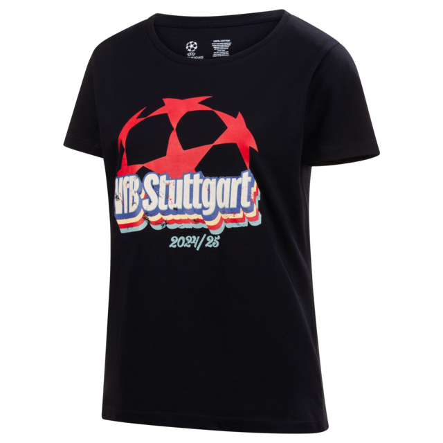 schwarzes T-Shirt mit Damenschnitt mit Champions League Ball und der Aufschrift VfB Stuttgart 2024/25