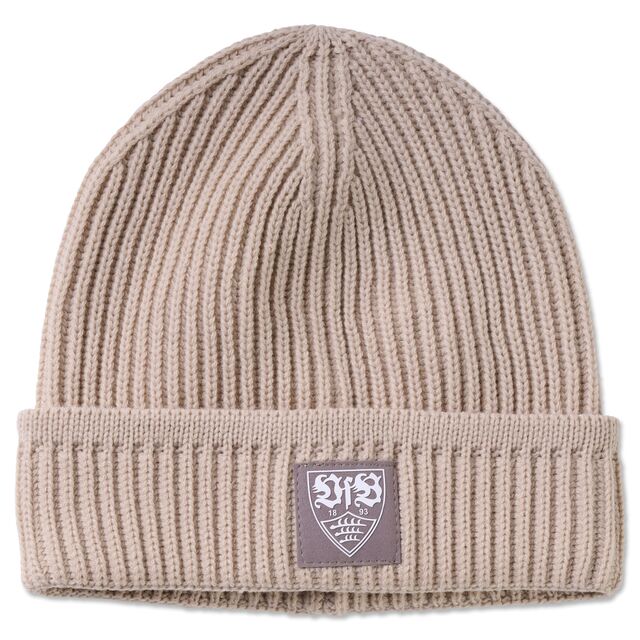 braune, grob gestrickte Beanie mit VfB Wappen