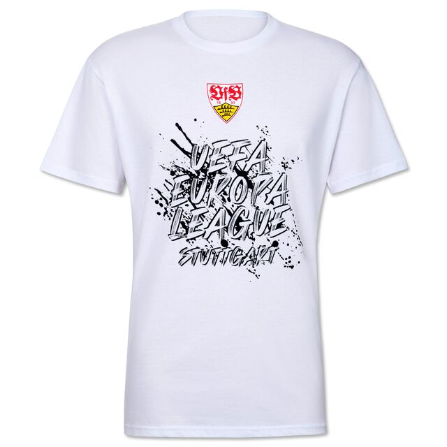 Weißes T-Shirt mit VfB Wappen und Schriftzug Uefa Europa League Stuttgart 