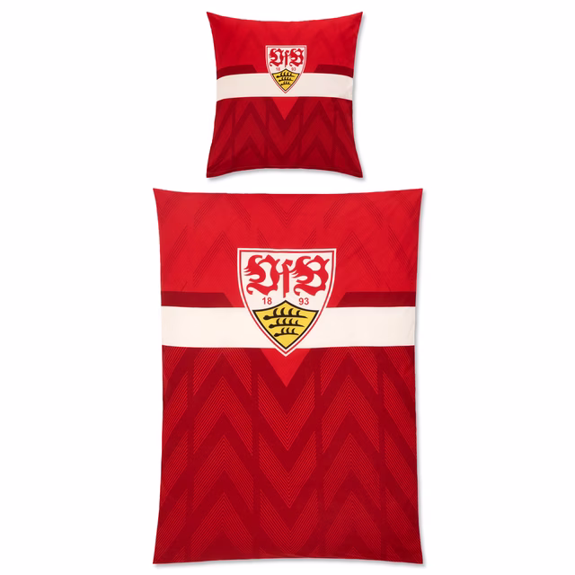Rot gemusterte Bettwäsche mit VfB Wappen und weißem Brustring