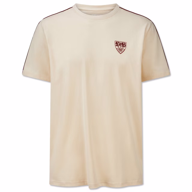 beigefarbenes T-Shirt mit rotem VfB Wappen auf der Brust und Linien an den Schultern