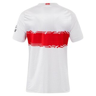 weiße Rückseite des VfB Heimtrikots 25/26 im Damenschnitt mit Stäffele Muster und rotem Brustring