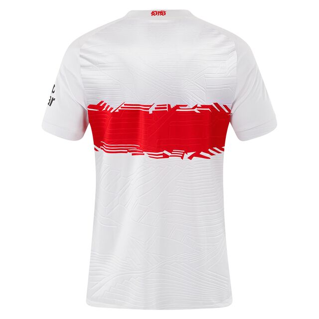 weiße Rückseite des VfB Heimtrikots 25/26 im Damenschnitt mit Stäffele Muster und rotem Brustring