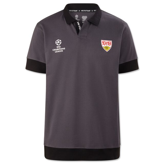 grau-schwarzes Polo Shirt mit VfB Wappen und Champions League Logo auf der Brust