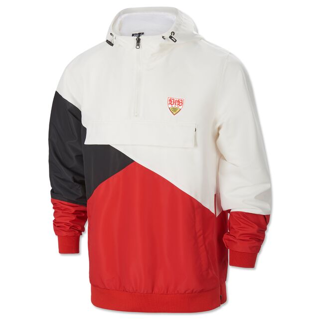 Windjacke mit diagonalem Streifenmuster in Weiß, Schwarz und Rot mit VfB Wappen auf der Brust