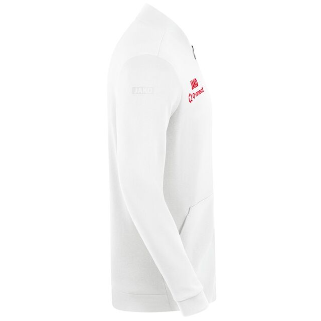 Seitenansicht der weißen Premium Jacke 24/25 mit JAKO Schriftzug