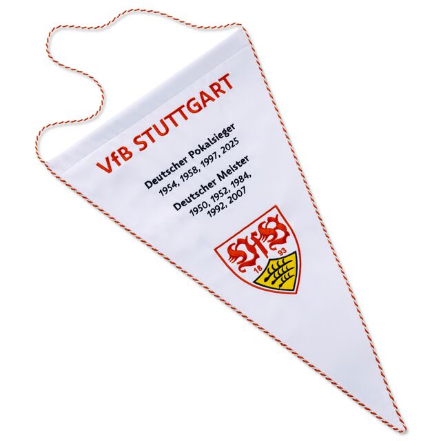Satinwimpel mit VfB Wappen und eine Auflistung der Erfolge des VfB Stuttgart