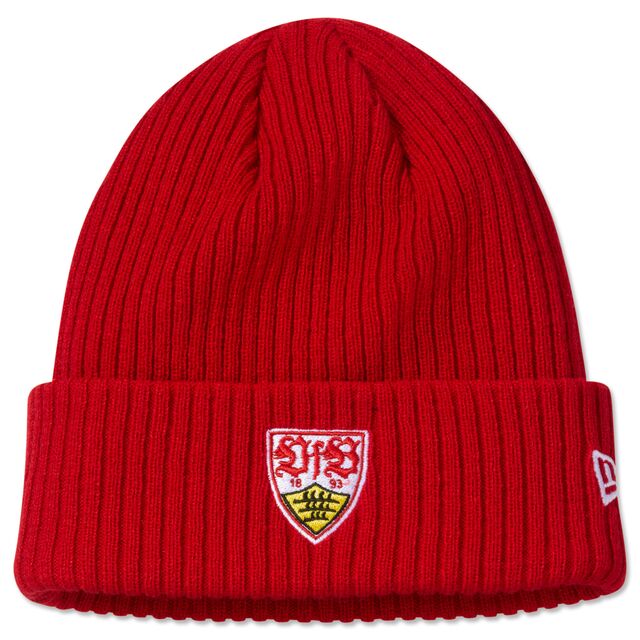rote Beanie mit VfB Wappen und New Era Logo