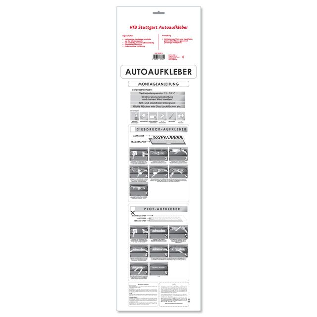 Rückseite der Verpackung mit Eigenschaften und Anwendungen des Autoaufklebers