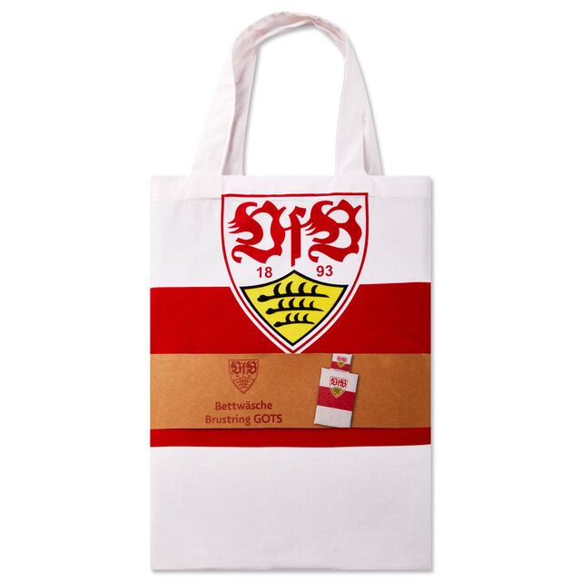 weiße Tragetasche mit rotem Brustring und VfB Wappen