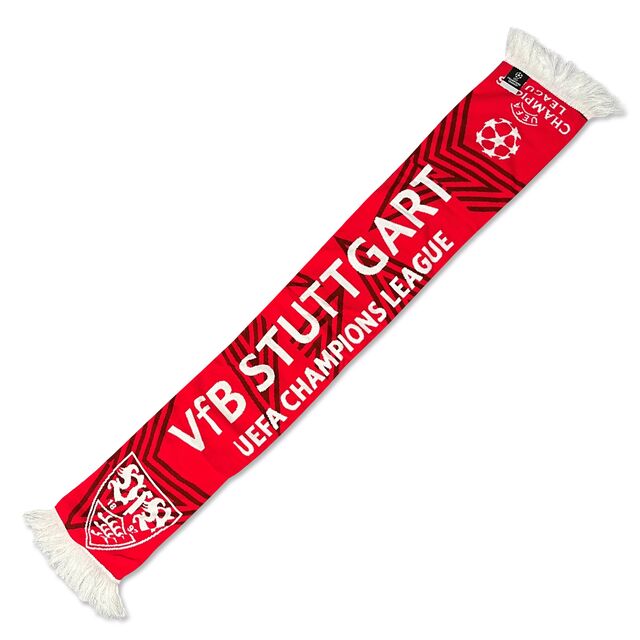 roter Schal mit Champions League Logo, VfB Wappen und der Aufschrift VfB Stuttgart UEFA Champions League