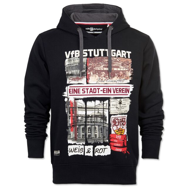 schwarzer Hoodie mit Collage aus Schriftzügen und Grafiken zum VfB und der Stadt Stuttgart