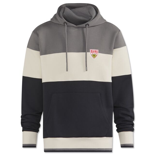 Hoodie mit Kängurutaschen und VfB Wappen auf der Brust in Schwarz, Grau und Beige