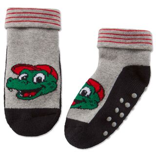 ein Paar grau-schwarze Babysocken mit Fritzle