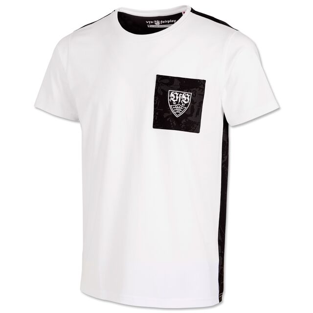 weißes T-Shirt mit weißem VfB Wappen auf schwarzem Hintergrund auf der Brust