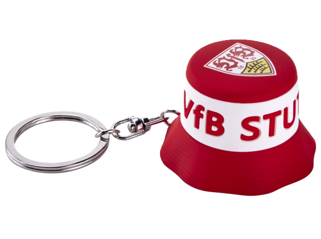 weiß-roter Fischerhut mit VfB Wappen und der Aufschrift VfB Stuttgart als Schlüsselanhänger