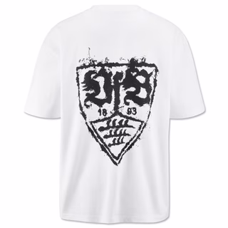 weiße Rückseite des T-Shirts mit großem schwarzen, verwischten VfB Wappen