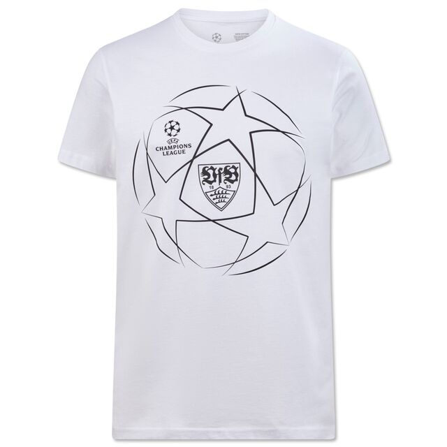 weißes T-Shirt mit Champions League Ball, VfB Wappen und Champions League Logo