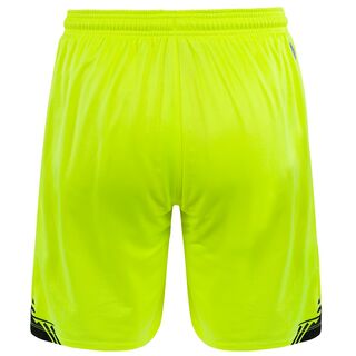 neongelbe Rückseite der VfB Torwartshorts 25/26 mit schwarzem Stäffele Muster am unteren Rand
