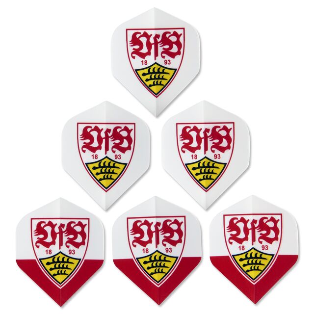 drei weiße und drei weiß-rote Dart-Flights mit VfB Wappen