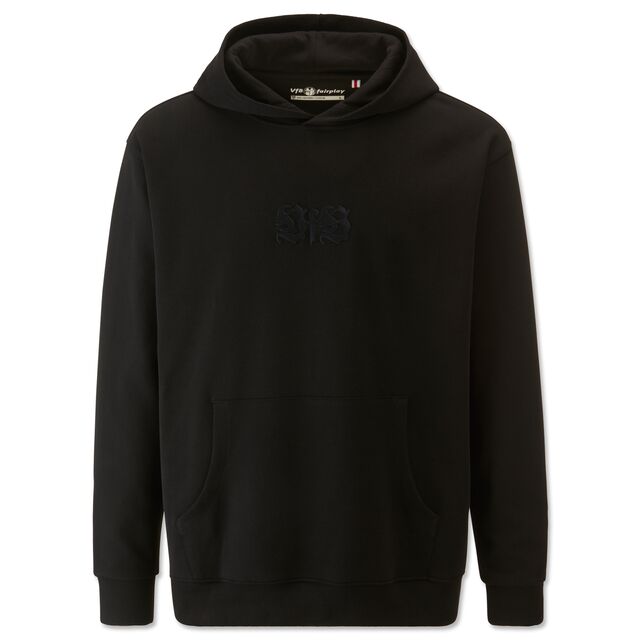 Schwarzer Hoodie mit gesticktem schwarzen VfB Schriftzug in der Mitte 