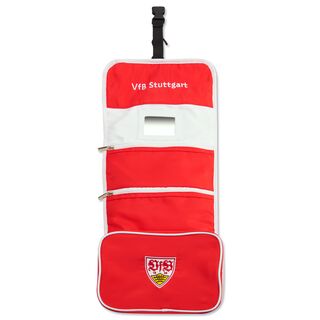 geöffnete weiß-rote Kulturtasche mit VfB Wappen und der Aufschrift VfB Stuttgart