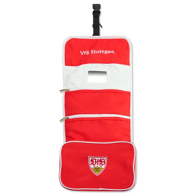 geöffnete weiß-rote Kulturtasche mit VfB Wappen und der Aufschrift VfB Stuttgart