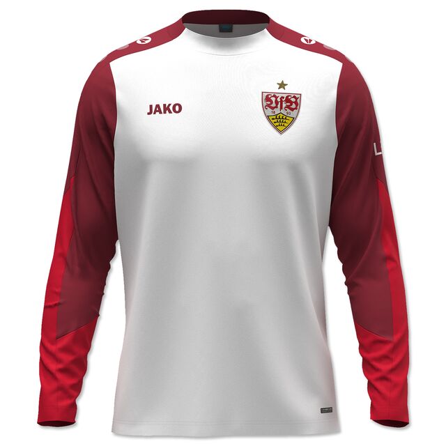 weiß-roter Trainingslongsleeve mit VfB Wappen und JAKO Logo