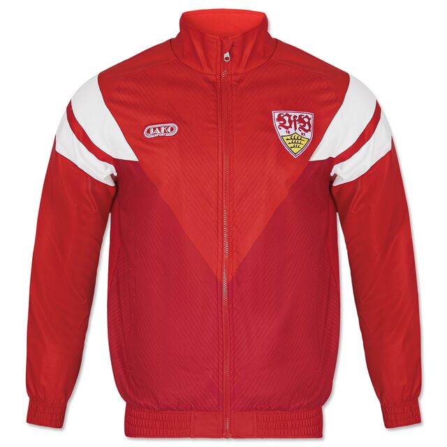 rote Jacke im Retro Stil mit weißen Streifen, JAKO Logo und VfB Wappen auf der Brust