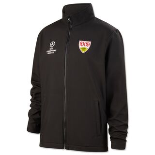 schwarze Softshelljacke mit VfB Wappen und Champions League Logo auf der Brust