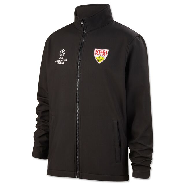 schwarze Softshelljacke mit VfB Wappen und Champions League Logo auf der Brust