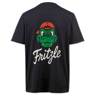 dunkelgraue Rückseite des T-Shirts mit Grafik von Fritzles Gesicht und der Aufschrift Fritzle darunter