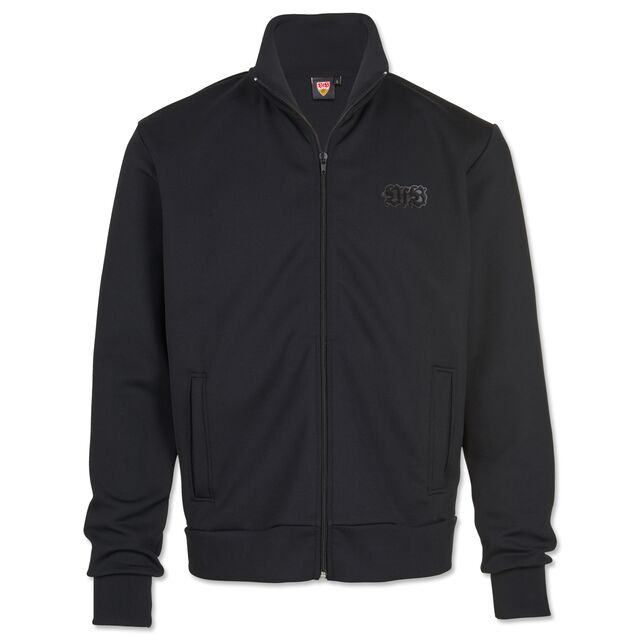 schwarze Jacke mit Taschen, Kragen und VfB Schriftzug auf der Brust 