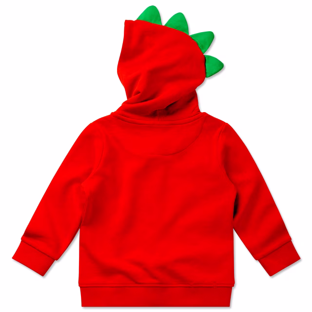 rote Rückseite der Jacke mit grünen Krokodilsschuppen auf der Kapuze