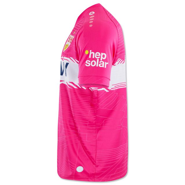 Seitenansicht des pinken VfB Torwarttrikots 25/26 mit hep solar auf dem Ärmel