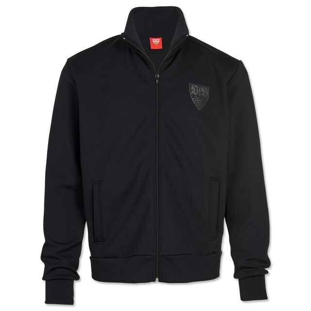 schwarze Jacke mit Reissverschluss und Seitentaschen mit schwarzem VfB Wappen auf der Brust