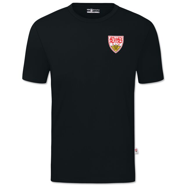 schwarzes T-Shirt mit gesticktem VfB Wappen auf der Brust