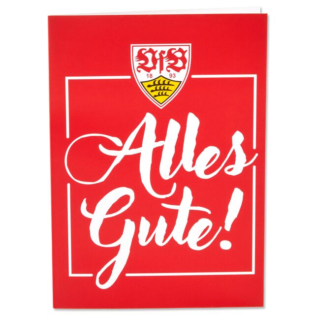 rote Grußkarte mit der Aufschrift Alles Gute und dem VfB Wappen