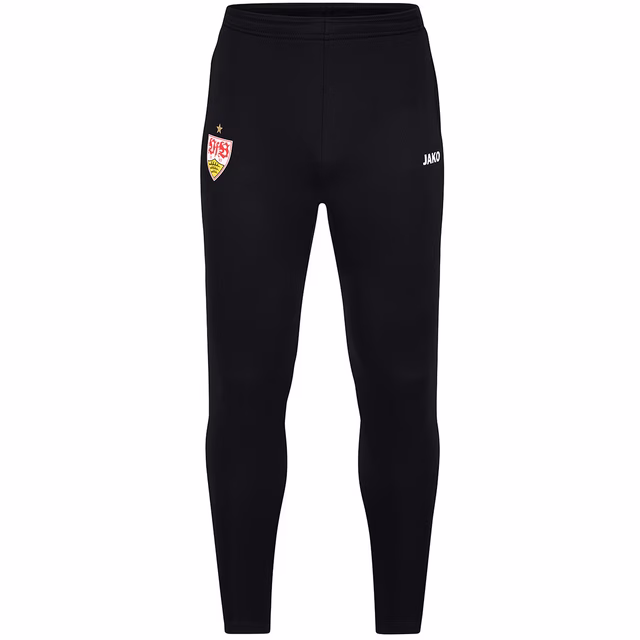 schwarze Trainingshose mit VfB Wappen auf einem Bein und JAKO Logo auf dem anderen Bein