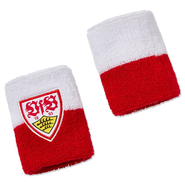 ein weiß-rotes Schweißband von vorne mit VfB Wappen, eins von hinten ohne VfB Wappen
