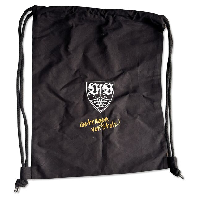 schwarzer Turnbeutel mit weißem VfB Wappen und goldener Aufschrift Getragen von Stolz