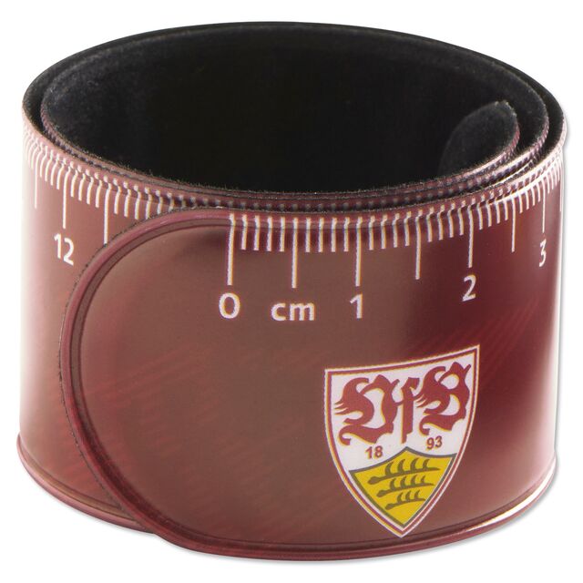 zusammengerolltes rotes Schnapparmbandlineal mit VfB Wappen