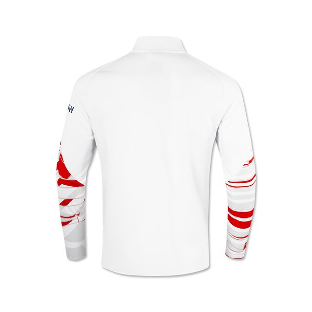 Rückansicht der weißen Trainingsjacke. Die Ärmel haben auffällige rote Muster, der Rücken selbst ist schlicht weiß ohne Aufdruck.
